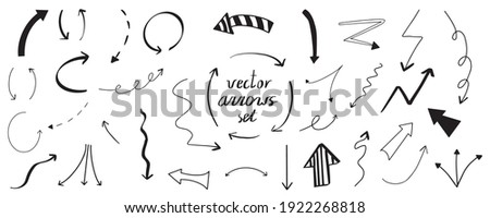 Big Doodle vector hand drawn different  arrows icon set illustrations. Design elements, zig zag, wavy arrows, spiral,simple, dotted. For typography, digital use, presentations. EPS 10, isolated.
