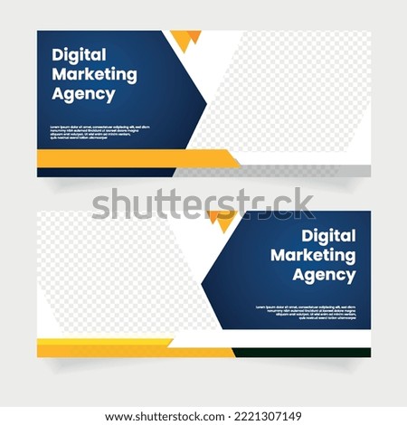 Business webinar horizontal banner template design. Modern banner design with blue and yellow background and yellow frame shape. Usable for banner, cover, and header.