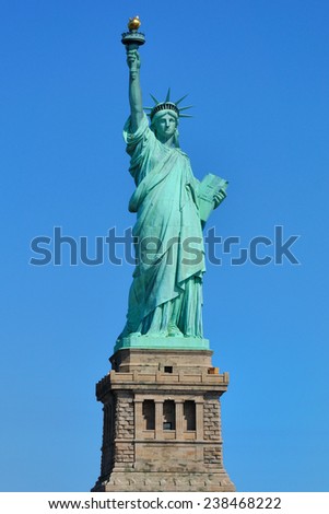 Statue of Liberty with its base on a blue background in New York City