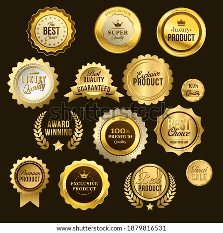 Sales and Promotional Batches Premium Quality Best Choice Golden Labels Flat Vector