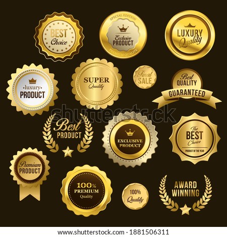 Sales and Promotional Batches Premium Quality Best Choice Award Winning Best Product Golden Labels Flat Vector