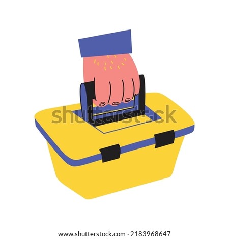 Toolbox for plumbing maintenance. Tool storage for an electrician or mechanic. Hand of the master with a box of tools. A hairy hand holds a hilt. Flat cartoon graphic style illustration