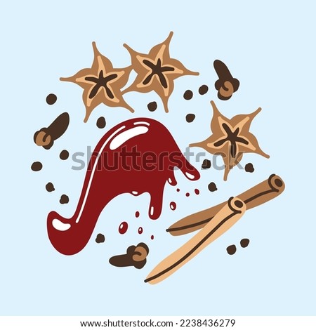 Set of spices for mulled wine in cartoon style. Pouring wine with splashes. Ingredients for preparing an alcoholic hot drink. Anise, cloves, pepper and cinnamon sticks with red wine.