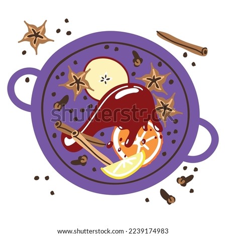 A set of spices for mulled wine in a saucepan with wine and citrus fruits. Pouring wine with splashes. Ingredients for preparing an alcoholic hot drink. Anise, cloves, pepper and cinnamon sticks.