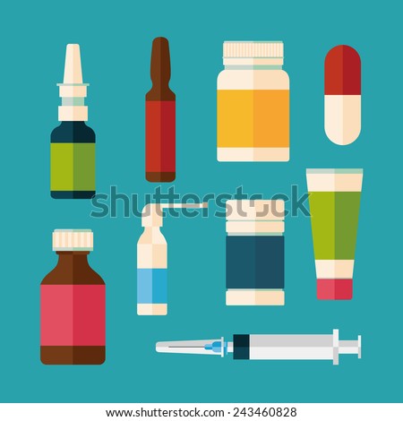 medicine and drugs icons set with long shadows. flat style vector illustration