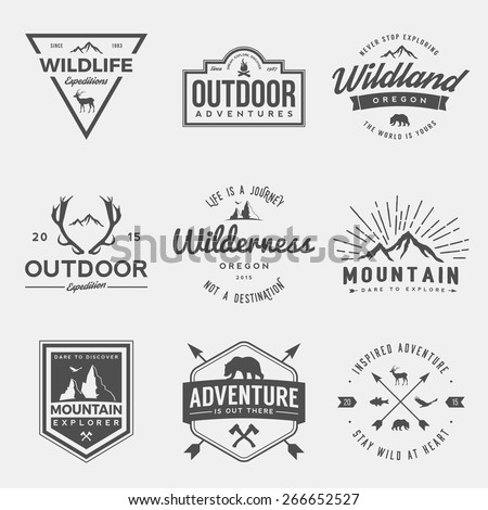 vector set of wilderness and nature exploration vintage  logos, emblems, silhouettes and design elements