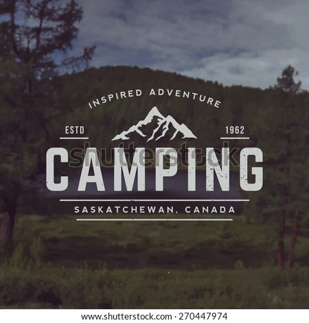 vector camping emblem. outdoor activity symbol with grunge texture on mountain landscape background