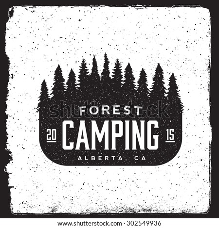 camping vintage emblem. logotype template with forest, trees. outdoor activity symbol with ink stamp texture