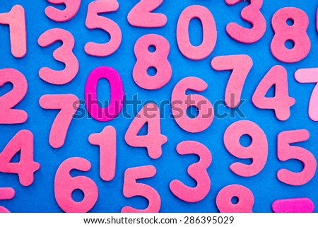 Pink single digit numbers placed randomly over a blue background, from one to nine, including a dark pink nil.