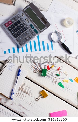 Workplace of top manager.Bookkeeping table. Stationery for manager.