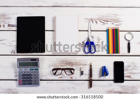 Set of designer. Correctly folded stationery set. Accurate workplace.
