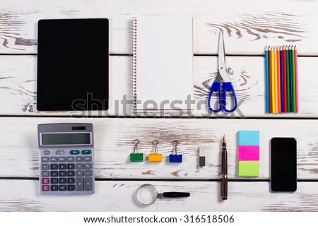 Set of designer. Correctly folded stationery set. Workplace of exemplary manager.
