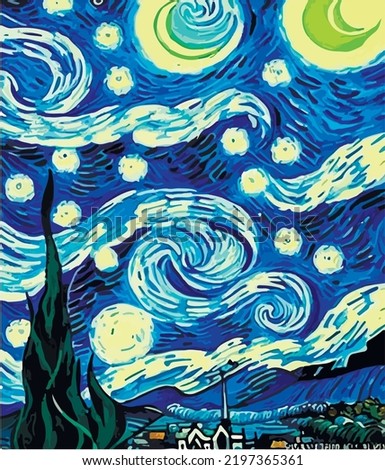 The Starry Night - Vincent van Gogh painting in Low Poly style. Flat design 