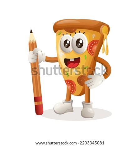 Cute pizza mascot holding pencil. Perfect for kids, small business or e-Commerce, merchandise and sticker, banner promotion, blog or vlog channel
