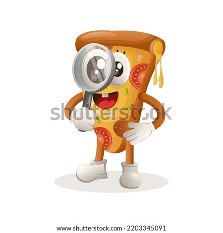 Cute pizza mascot conducting research, holding a magnifying glass. Perfect for food store, small business or e-Commerce, merchandise and sticker, banner promotion, food review blog or vlog channel
