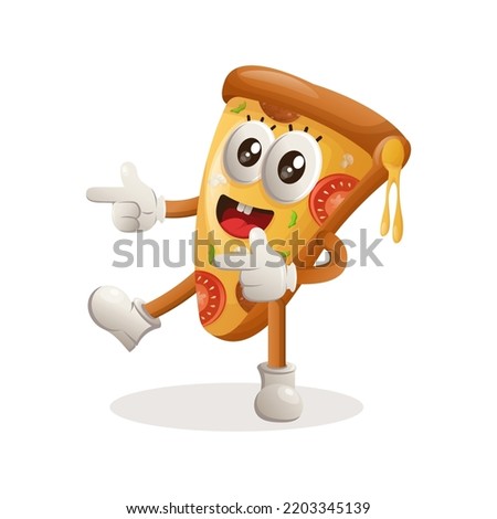 Cute pizza mascot playful with pointed hand. Perfect for food store, small business or e-Commerce, merchandise and sticker, banner promotion, food review blog or vlog channel
