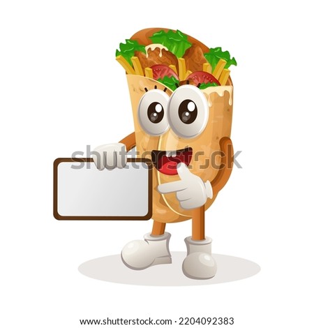 Cute burrito mascot holding billboards for sale, sign board. Perfect for food store, small business or e-Commerce, merchandise and sticker, banner promotion, food review blog or vlog channel
