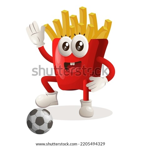 Cute french fries mascot play football, soccer ball. Perfect for food store, small business or e-Commerce, merchandise and sticker, banner promotion, food review blog or vlog channel
