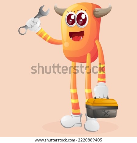 Cute orange monster holding spanner and tolls box. Perfect for kids, small business or e-Commerce, merchandise and sticker, banner promotion, blog or vlog channel
