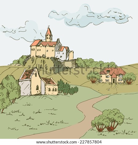 Landscape with houses, castle,trees and hills. Houses, trees and hills can be easily separated and displaced.