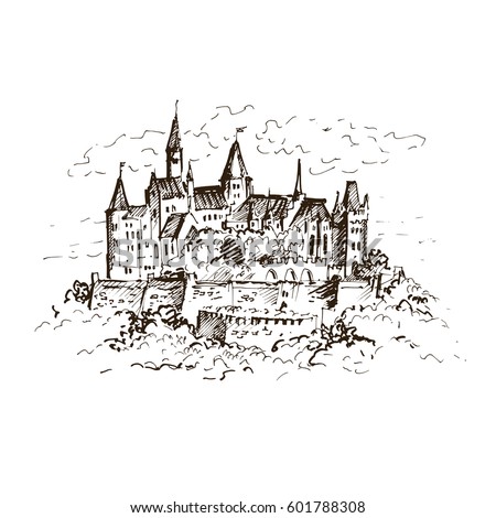 Hand drawn famous old Castle, Germany. Hohenzollern castle. Vector ...