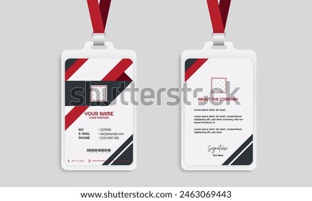 Id cards with red ribbon and lanyard, ideal for corporate or event concept designs, showcasing identity, access, or security themes.