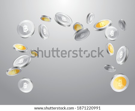 Thai baht currency realistic silver and gold metallic coin floating, money sign vector illustration