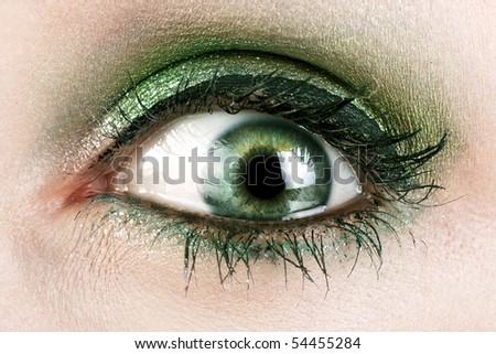 A macro close up of a womans green eye.