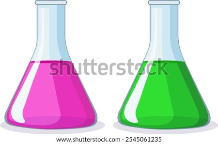 Two glass flasks with green and pink liquid