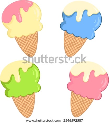 Ice cream in a waffle cone in four colors