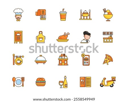 Restaurant food outline filled and colored vector icon collection featuring vibrant designs of dishes, drinks, utensils, and more. Perfect for menus, apps, websites, and creative projects.