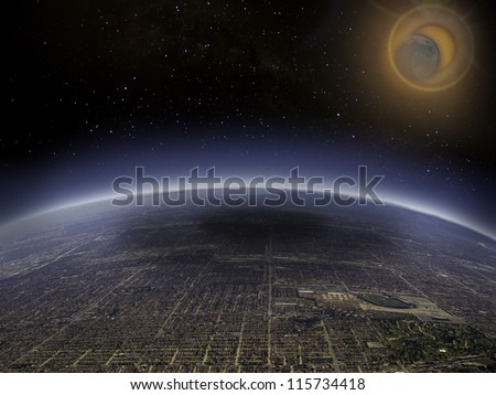 Aerial view of solar eclipse over a large city. Digital manipulation.