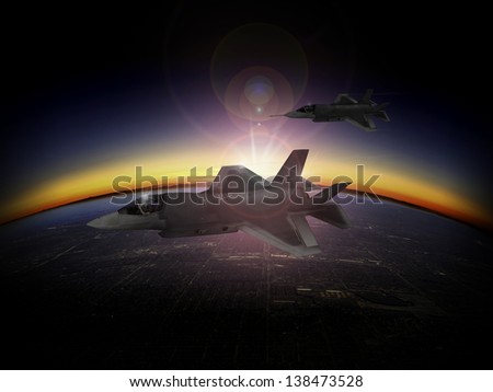 Artist impression of F-35 Lightning II Aircraft at high altitude, sunrise/sunset.