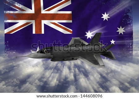 Next generation modern stealth combat fighter-bomber with Australian flag. (Artist\'s impression)