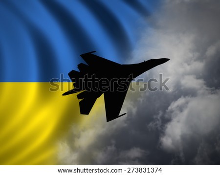 (Computer illustration) Silhouette of modern, Russian made, 4th generation, Su-27 Flanker against a Ukranian flag and clouds.