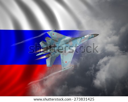 (Computer illustration) 3D Render of a modern, Russian made, 4th generation, Su-27 Flanker against a Russian flag and cloudy sky.
