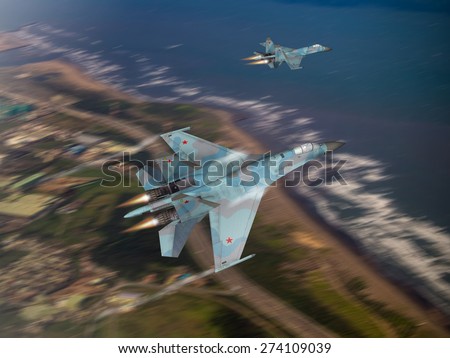 (Computer illustration, blur background style) 3D Render of 2 modern, Russian made, 4th generation, Su-27 Flanker flying over a coastline.