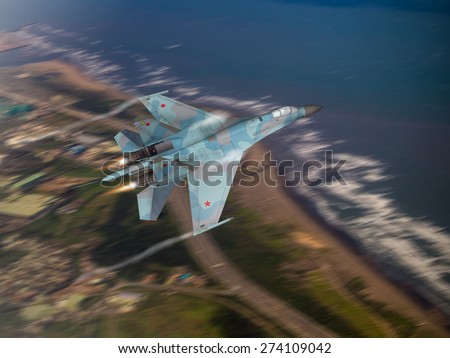 (Computer illustration, blur background style) 3D Render of a modern, Russian made, 4th generation, Su-27 Flanker flying over a coastline.