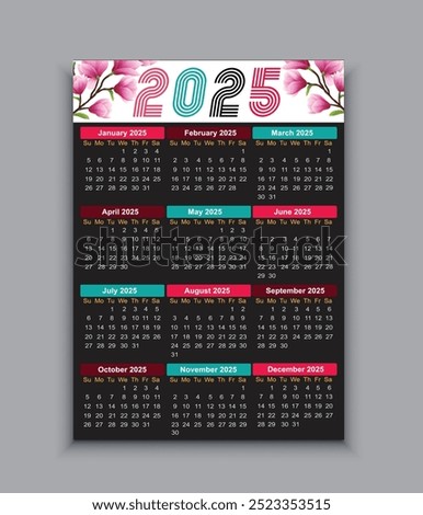 A full-year 2025 calendar design template featuring a vibrant geometric pattern. Ideal for planning, scheduling, and time management throughout the year. vector illustration.