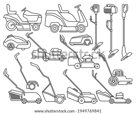 Lawn mower vector illustration on white background. Isolated outline set icon lawnmower. Vector outline set icon lawn mower.