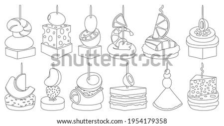 Canape and food outline vector set illustration of icon.Food and appetizer vector set of icon.Canape outline collection on white background. Photo stock © 