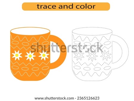 Tracing lines for children development, bright mug cup tableware, handwriting practice for children, vector EPS10