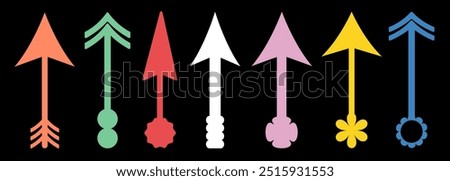 Long arrows icon set. Brutalism colorful Y2K shapes. Vector set of trendy long arrows left and right in flat style. Replaceable vector design. For your apps, websites and UI or UX design
