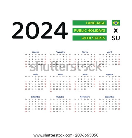 Brazil Calendar 2024. Week starts from Sunday. Vector graphic design. Portuguese language.