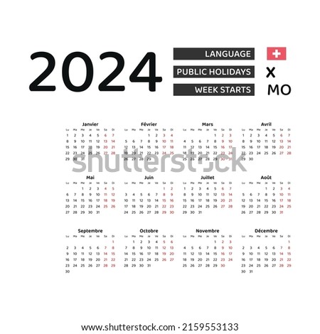 Calendar 2024 French language with Switzerland public holidays. Week starts from Monday. Graphic design vector illustration.