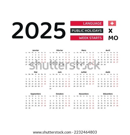 Switzerland Calendar 2025. Week starts from Monday. Vector graphic design. French language.