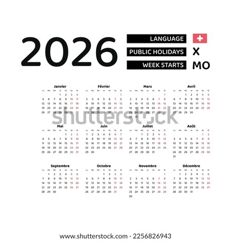 Calendar 2026 French language with Switzerland public holidays. Week starts from Monday. Graphic design vector illustration.