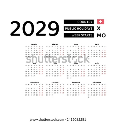 Calendar 2029 French language with Switzerland public holidays. Week starts from Monday. Graphic design vector illustration.