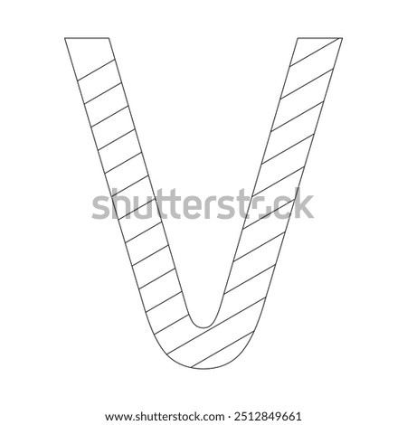 The letter V filled with diagonal stripes that run from the top left to the bottom right corner. Kindergarten letter worksheets, coloring the letter V, with various colors as you wish.