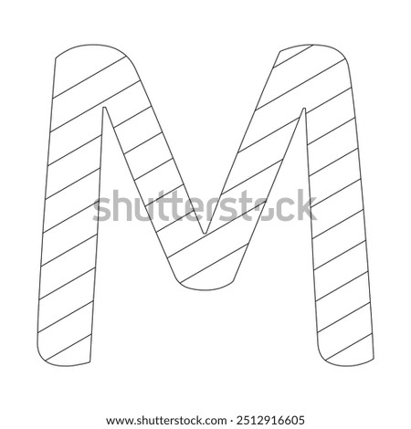 The letter M filled with diagonal stripes that run from the top left to the bottom right corner. Kindergarten letter worksheets, coloring the letter M, with various colors as you wish.